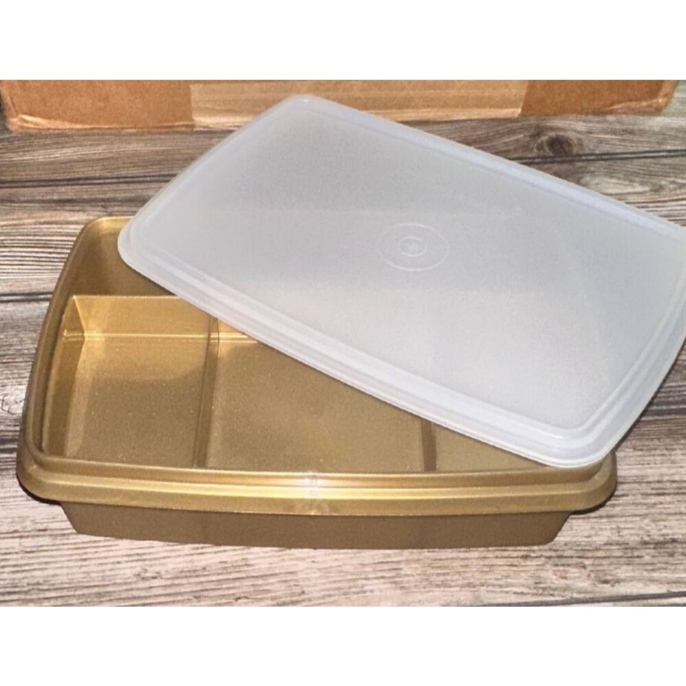 Tupperware Tuppercraft Stow-N-Go Storage Box Gold 3 pc Lid Tray 767